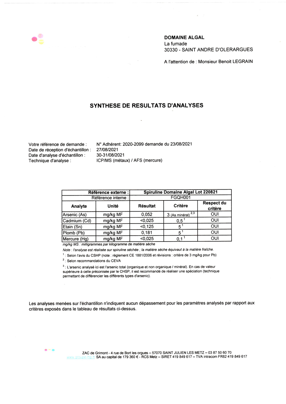 Analyses spiruline métaux lourd